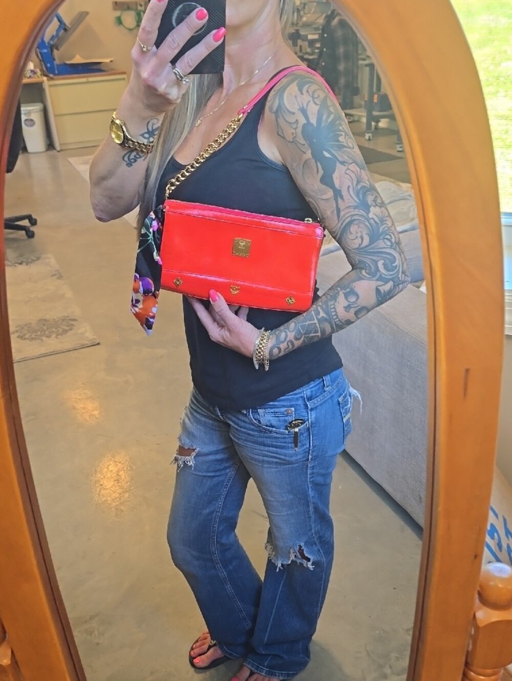 MCM Coral-Red Leather Shoulder Bag with Gold Chain - Picture 9 of 9